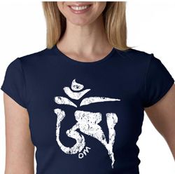 Ladies Yoga Shirt White Tibetan Om Crewneck Tee T-shirt