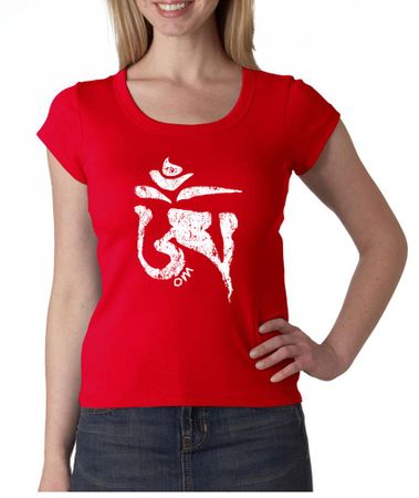 Ladies Yoga Shirt White Tibetan Om Scoop Neck Tee T-shirt