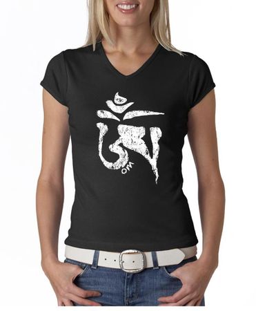 Ladies Yoga Shirt White Tibetan Om V-neck Tee T-shirt