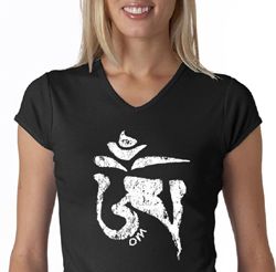 Ladies Yoga Shirt White Tibetan Om V-neck Tee T-shirt