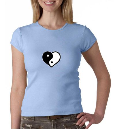 Ladies Yoga Shirt Yin Yang Heart Small Print Crewneck Tee T-Shirt