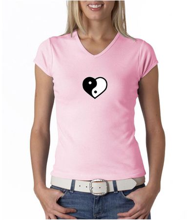 Ladies Yoga Shirt Yin Yang Heart Small Print V-neck Tee T-Shirt