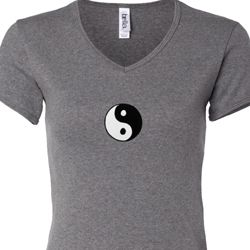 Ladies Yoga Shirt Yin Yang Patch Small Print V-neck Tee T-Shirt