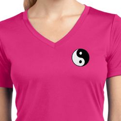 Ladies Shirt Yin Yang Patch Pocket Print Moisture Wicking V-neck Tee