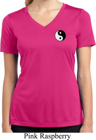 Ladies Shirt Yin Yang Patch Pocket Print Moisture Wicking V-neck Tee