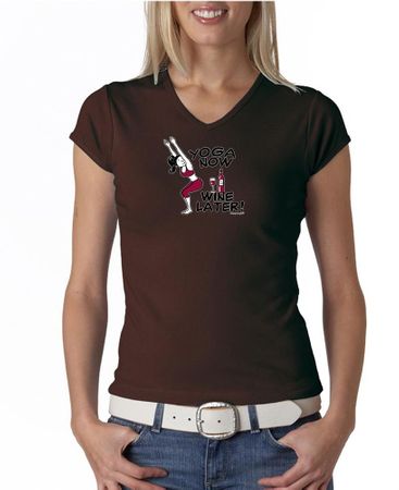 Ladies Yoga Shirt Yoga Now Wine Later V-neck Tee T-Shirt