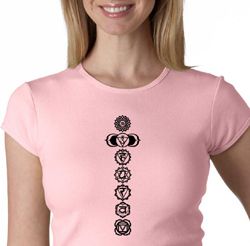Ladies Yoga T-shirt 7 Chakras Black Print Crew Neck Shirt