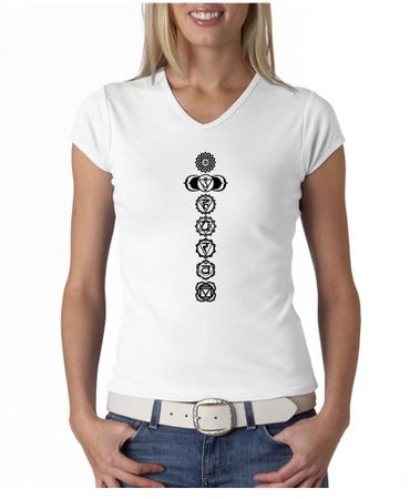 Ladies Yoga T-shirt 7 Chakras Black Print V-Neck Shirt