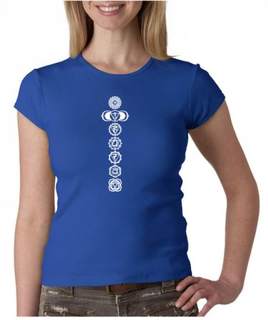Ladies Yoga T-shirt 7 Chakras White Print Crew Neck Shirt