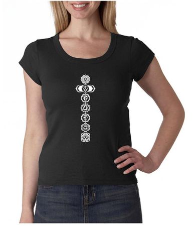 Ladies Yoga T-shirt 7 Chakras White Print Scoop Neck Shirt