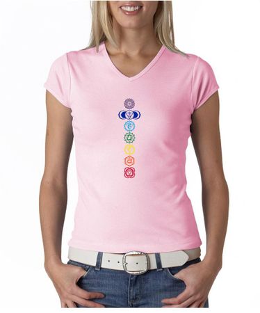 Ladies Yoga T-shirt 7 Colored Chakras V-Neck Shirt