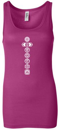 Ladies Yoga Tank Top 7 Chakras White Print Longer Length Tanktop