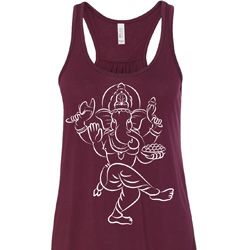 Ladies Yoga Tank Top Sketch Ganesha White Print Flowy Racerback