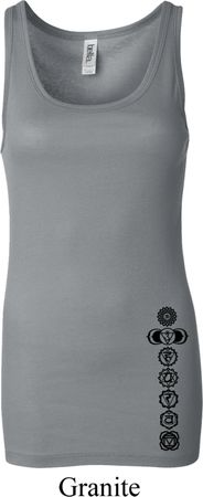 Ladies Yoga Tanktop Black 7 Chakras Bottom Print Longer Length Tank
