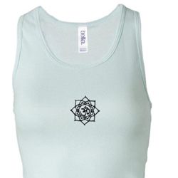 Ladies Yoga Tanktop Lotus OM Patch Small Print Longer Length Racerback Ladies Yoga Tanktop Lotus OM Patch Small Print Longer Length Racerback