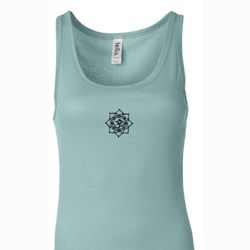Ladies Yoga Tanktop Lotus OM Patch Small Print Longer Length Tank Top Ladies Yoga Tanktop Lotus OM Patch Small Print Longer Length Tank Top