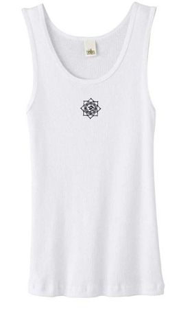 Ladies Yoga Tanktop Lotus OM Patch Small Print White Organic Tank Top