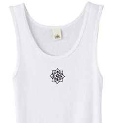 Ladies Yoga Tanktop Lotus OM Patch Small Print White Organic Tank Top Ladies Yoga Tanktop Lotus OM Patch Small Print White Organic Tank Top
