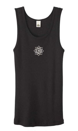 Ladies Yoga Tanktop White Lotus OM Small Print Black Organic Tank Top