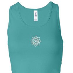Ladies Yoga Tanktop White Lotus OM Small Print Longer Length Racerback Ladies Yoga Tanktop White Lotus OM Small Print Longer Length Racerback
