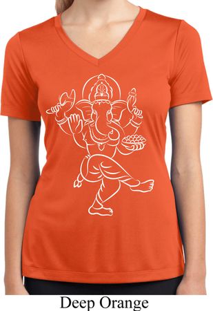 Ladies Yoga Tee Sketch Ganesha White Print Moisture Wicking V-neck