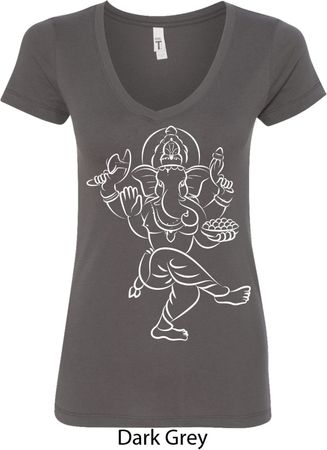 Ladies Yoga Tee Sketch Ganesha White Print V-neck Shirt