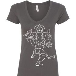 Ladies Yoga Tee Sketch Ganesha White Print V-neck Shirt