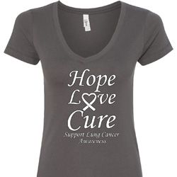 Lung Cancer Tee Hope Love Cure Ladies V-Neck