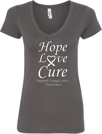 Lung Cancer Tee Hope Love Cure Ladies V-Neck