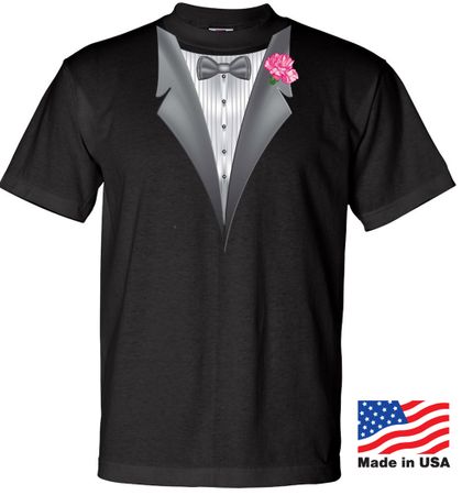 Made in the USA Mens Tuxedo Tee Shirt with Pink Flower - Black