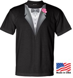 Made in the USA Mens Tuxedo Tee Shirt with Pink Flower - Black