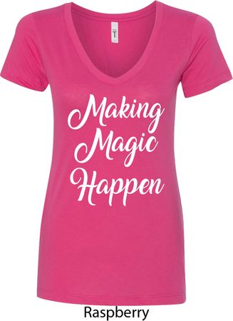 Making Magic Happen White Print Ladies V-Neck Shirt