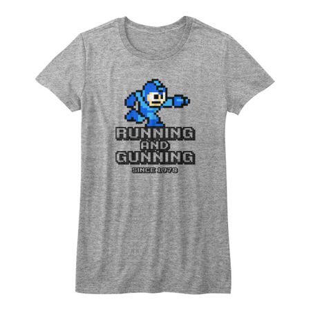 Mega Man Shirt Juniors Running And Gunning Athletic Heather T-Shirt