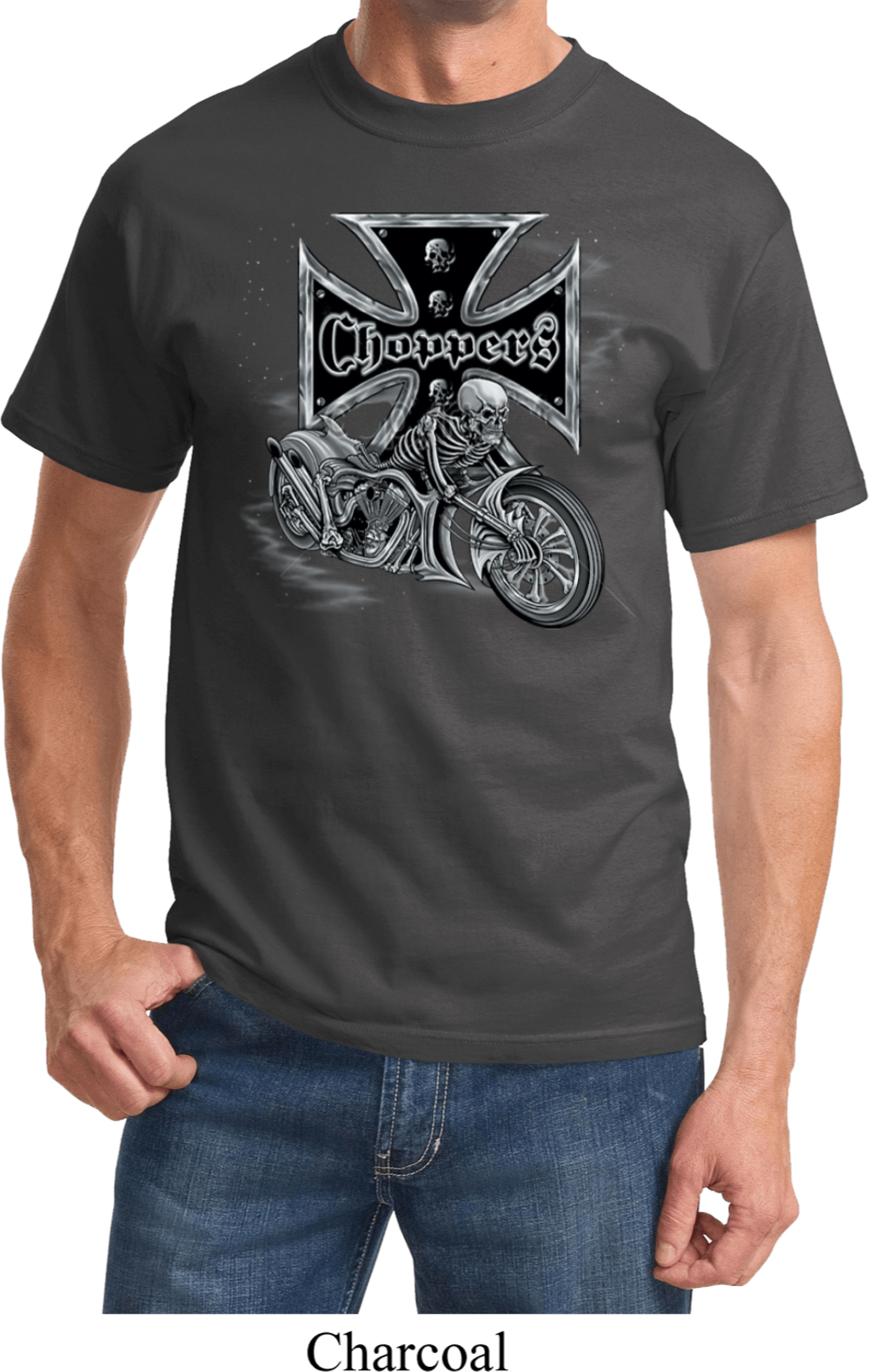 Mens Biker Shirt Chopper Cross Skeleton Tee T-Shirt