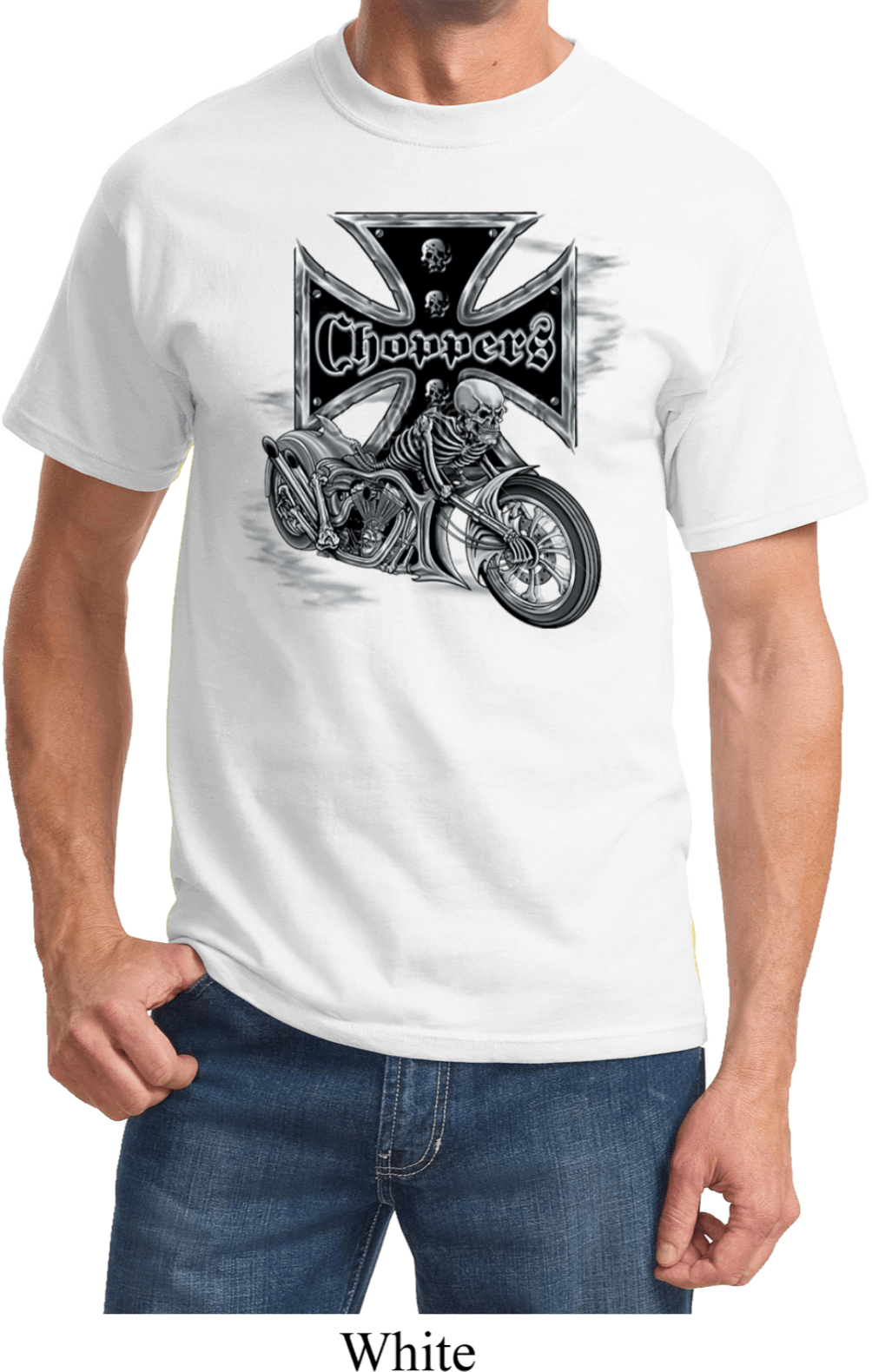 Mens Biker Shirt Chopper Cross Skeleton Tee T-Shirt