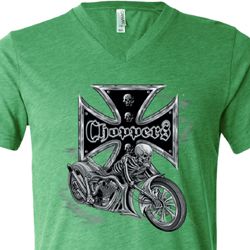 Mens Biker Shirt Chopper Cross Skeleton Tri Blend V-neck Tee T-Shirt