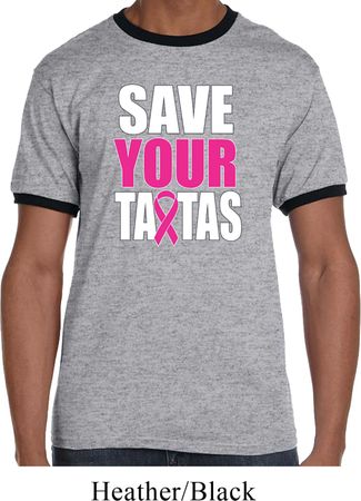 Mens Breast Cancer Awareness Shirt Save Your Tatas Ringer Tee T-Shirt