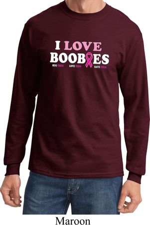 Mens Breast Cancer Shirt I Love Boobies Long Sleeve Tee T-Shirt