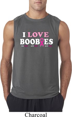 Mens Breast Cancer Shirt I Love Boobies Sleeveless Tee T-Shirt