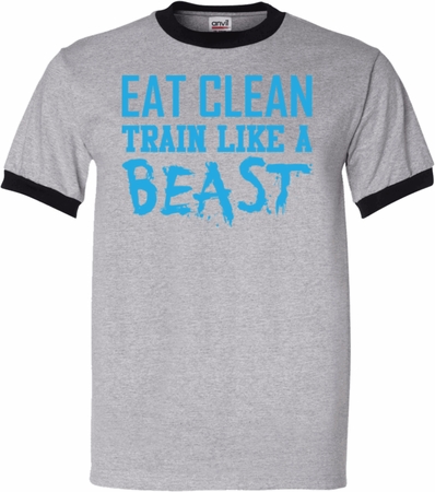 Mens Fitness Shirt Eat Clean Train Like a Beast Ringer Tee T-Shirt