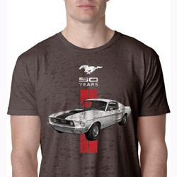 Mens Ford Shirt Red Stripe Mustang 50 Years Burnout Tee T-Shirt Mens Ford Shirt Red Stripe Mustang 50 Years Burnout Tee T-Shirt