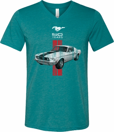 Mens Ford Shirt Red Stripe Mustang 50 Years Tri Blend V-neck Tee
