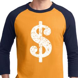 Mens Funny Shirt Distressed Dollar Sign Raglan Tee T-Shirt