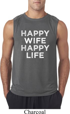 Mens Funny Shirt Happy Wife Happy Life Sleeveless Tee T-Shirt