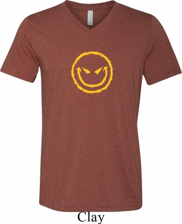 Mens Halloween Shirt Evil Smiley Face Tri Blend V-neck Tee T-Shirt