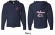 Mens Hoodie Pink Ribbon Believe Front & Back Print Full Zip Hoody