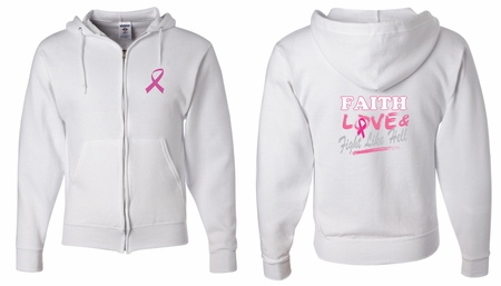 Mens Hoodie Pink Ribbon Faith Love Fight Front & Back Full Zip Hoody