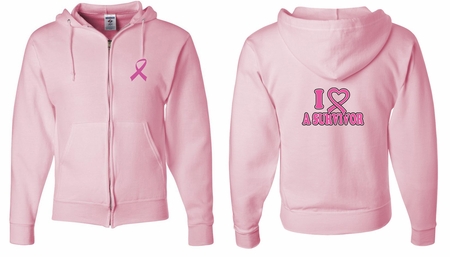 Mens Hoodie Pink Ribbon I Heart a Survivor Front & Back Full Zip Hoody