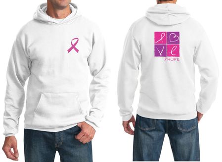 Mens Hoodie Pink Ribbon Peace Love Hope Front & Back Print Hoody