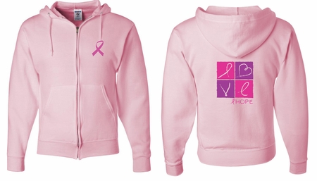 Mens Hoodie Pink Ribbon Love Hope Front & Back Print Full Zip Hoody